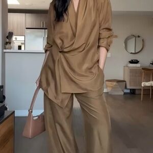 Brown Light Suede-like Women's Relaxed Suit Set